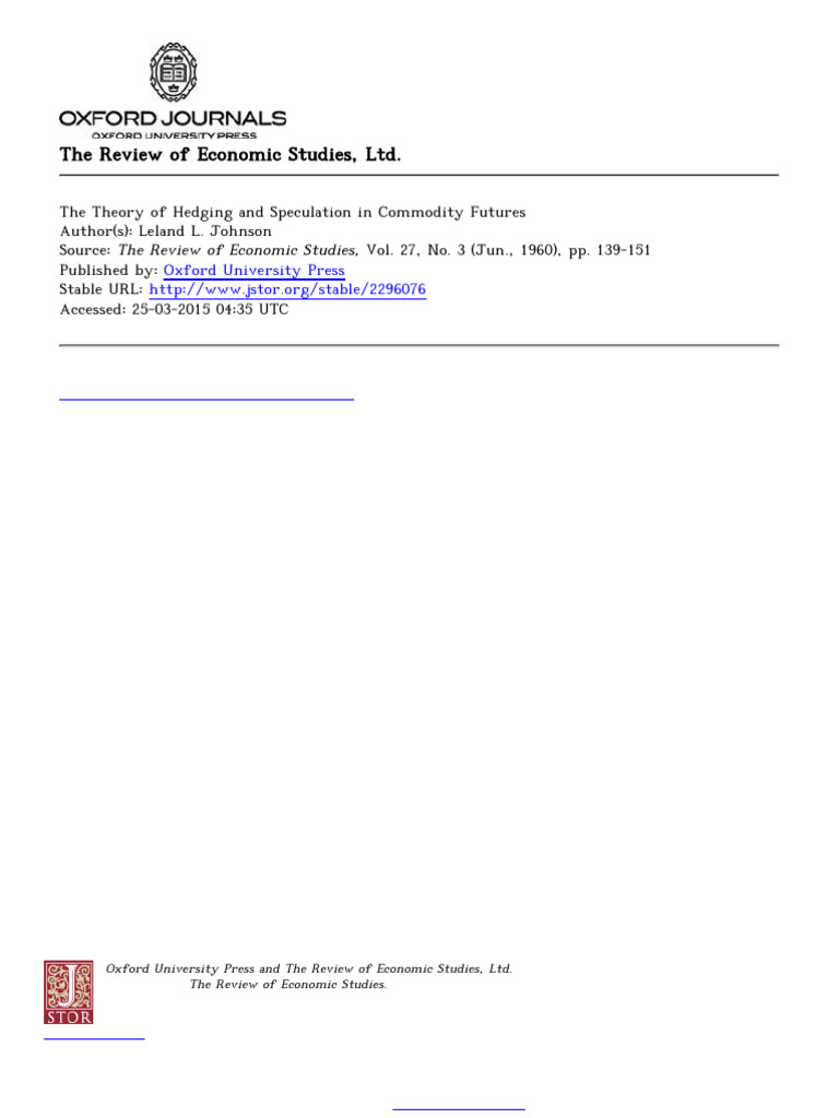 Johnson's 1960 Hedging Theory Explained | PDF | Futures Contract ...