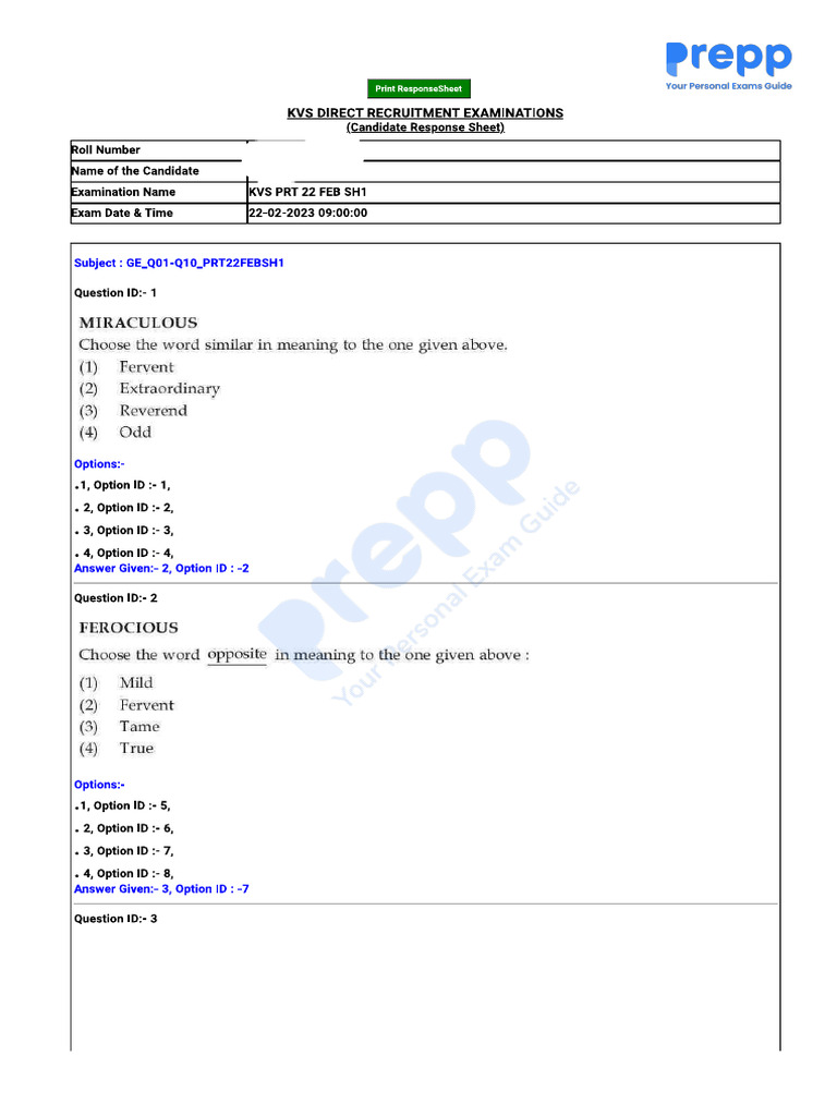 KVS PRT 22 Feb 2023 1st Shift Question Paper | PDF