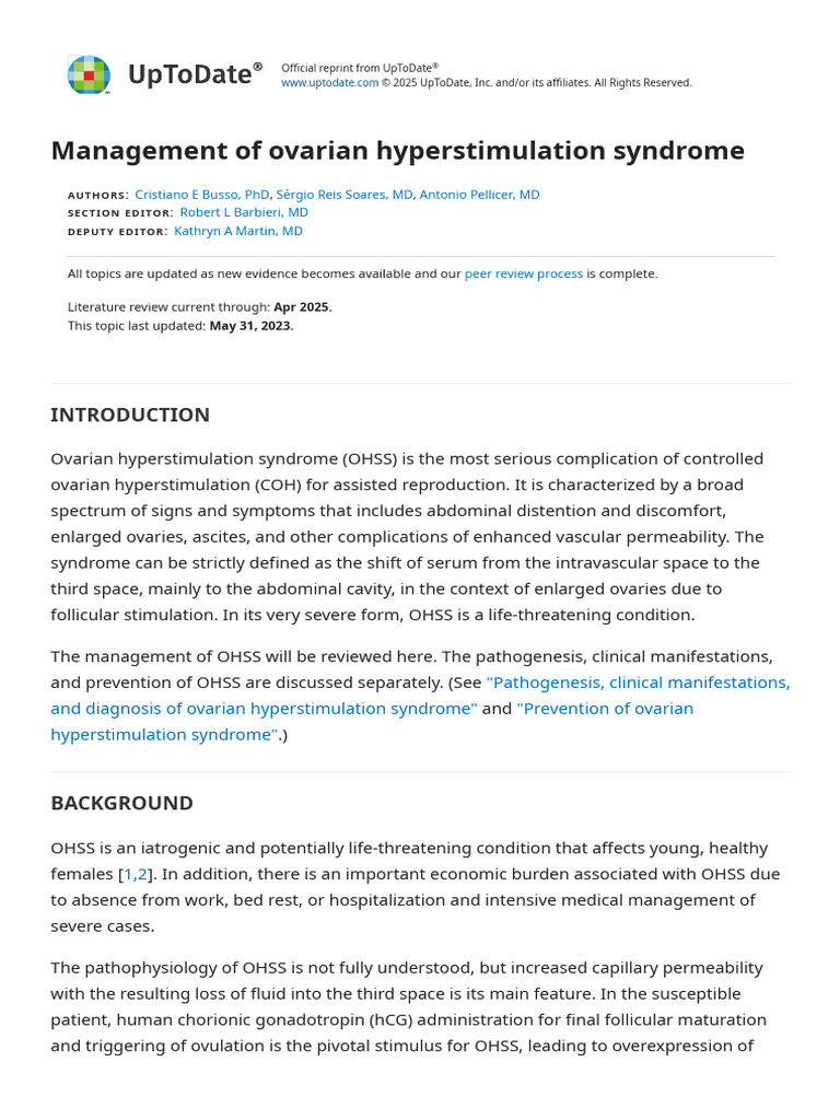 Management of Ovarian Hyperstimulation Syndrome - UpToDate | PDF ...