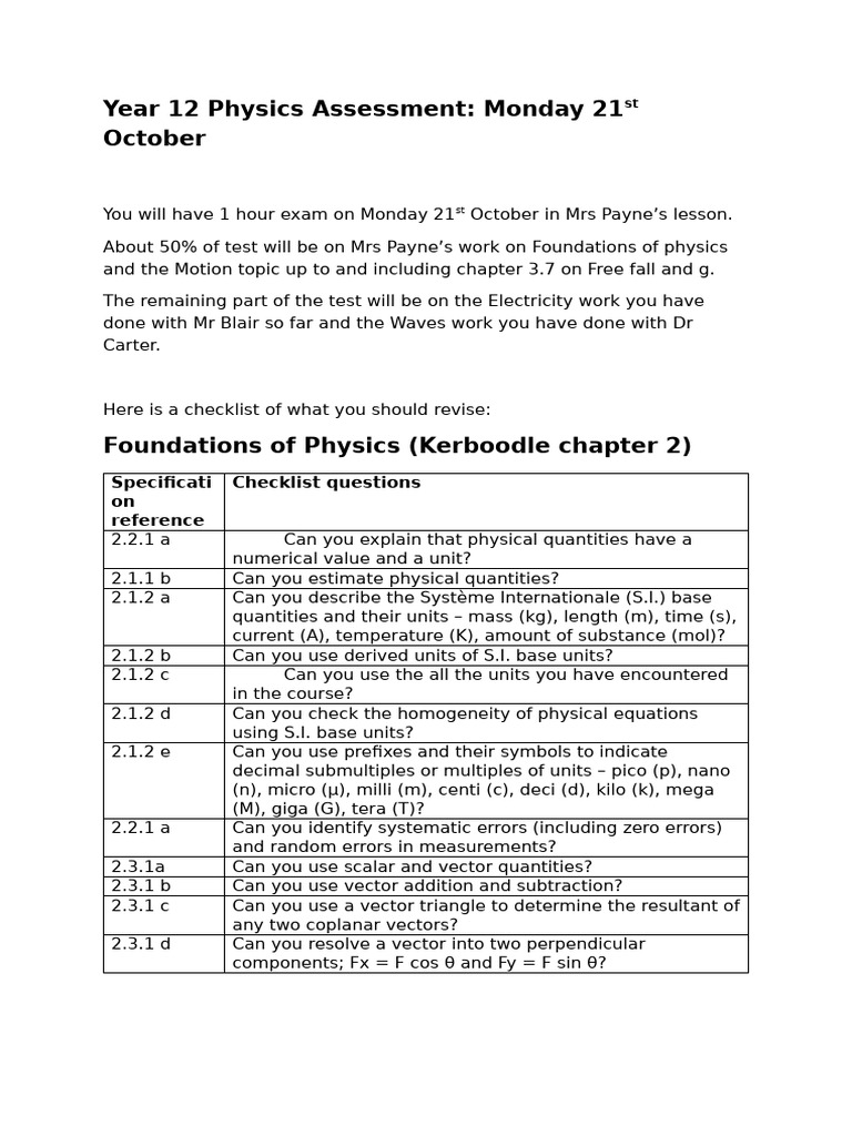 Year 12 Physics Exam Revision Guide | PDF | Acceleration | Velocity