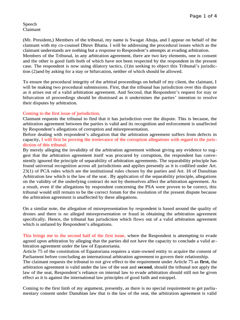 Speech Claimant 20th Vis East Procedural | PDF | Arbitration | Business Law