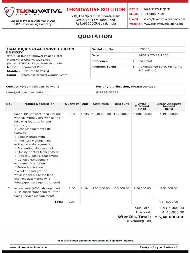 Solar ERP Software Quotation Details | PDF | Inventory | Sales