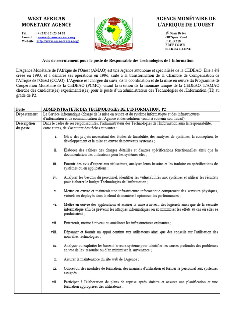 Avis de Vacance de Poste Pour Le Recrutement Dun Informaticien Au Grade ...