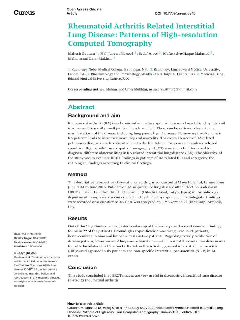 HRCT Findings in RA-Related Lung Disease | PDF | Diseases And Disorders ...
