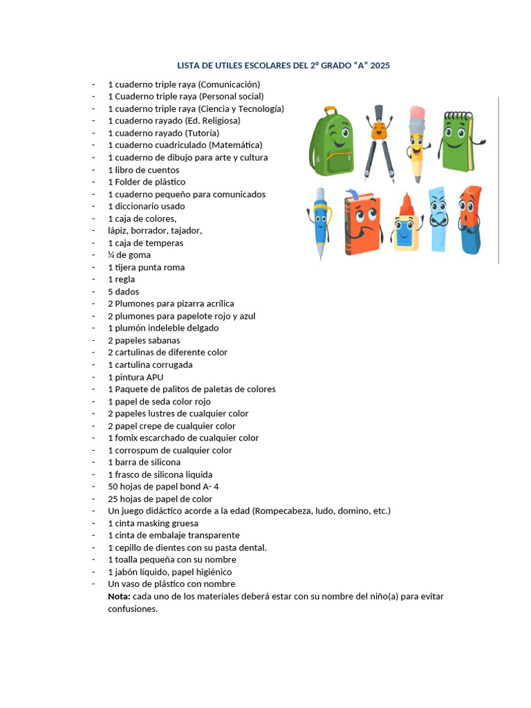 Útiles Escolares 2° Grado A 2025 | PDF