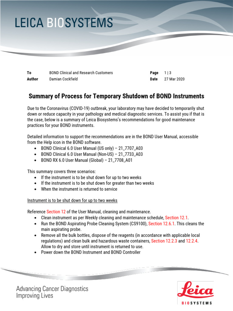 Rev A Process For Temporary Shutdown of BOND Instruments | PDF | Waste