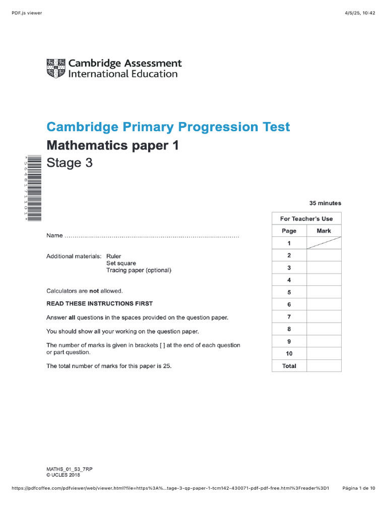 Maths Year3 Progresion Test Paper 1 2018 | PDF