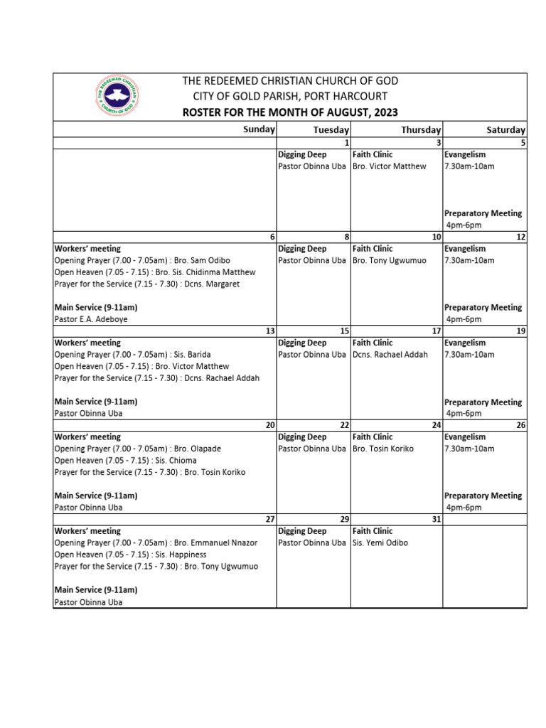 RCCG City of Gold August 2023 Schedule | PDF | Christian Denominational ...