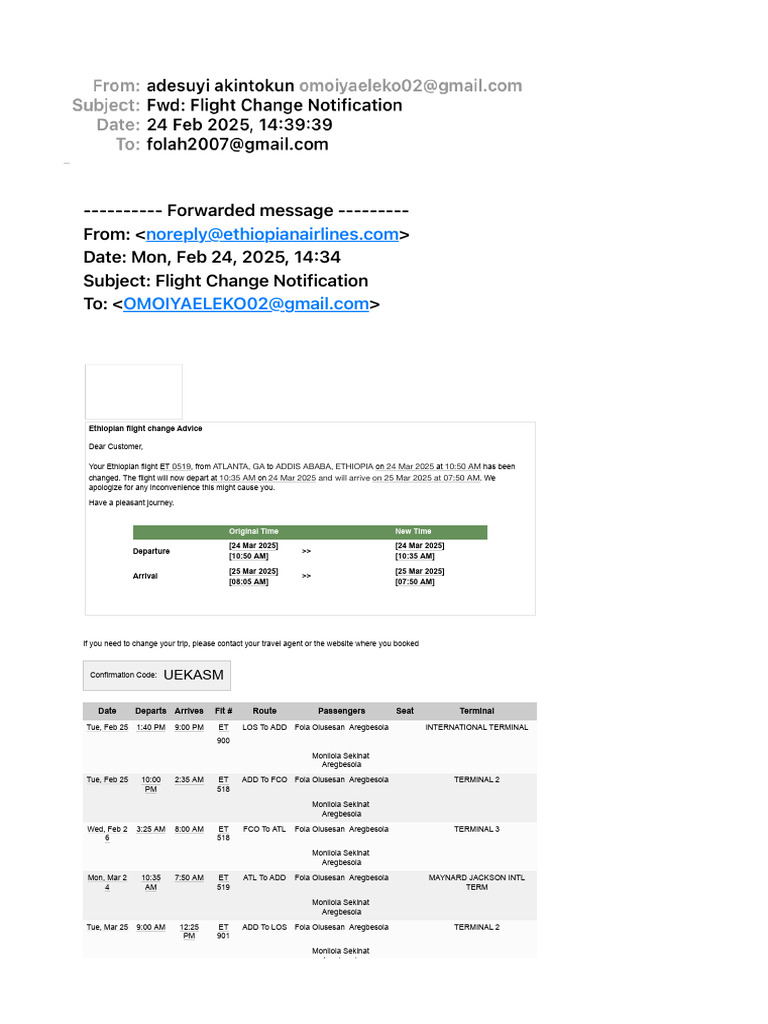 FWD Flight Change Notification | PDF