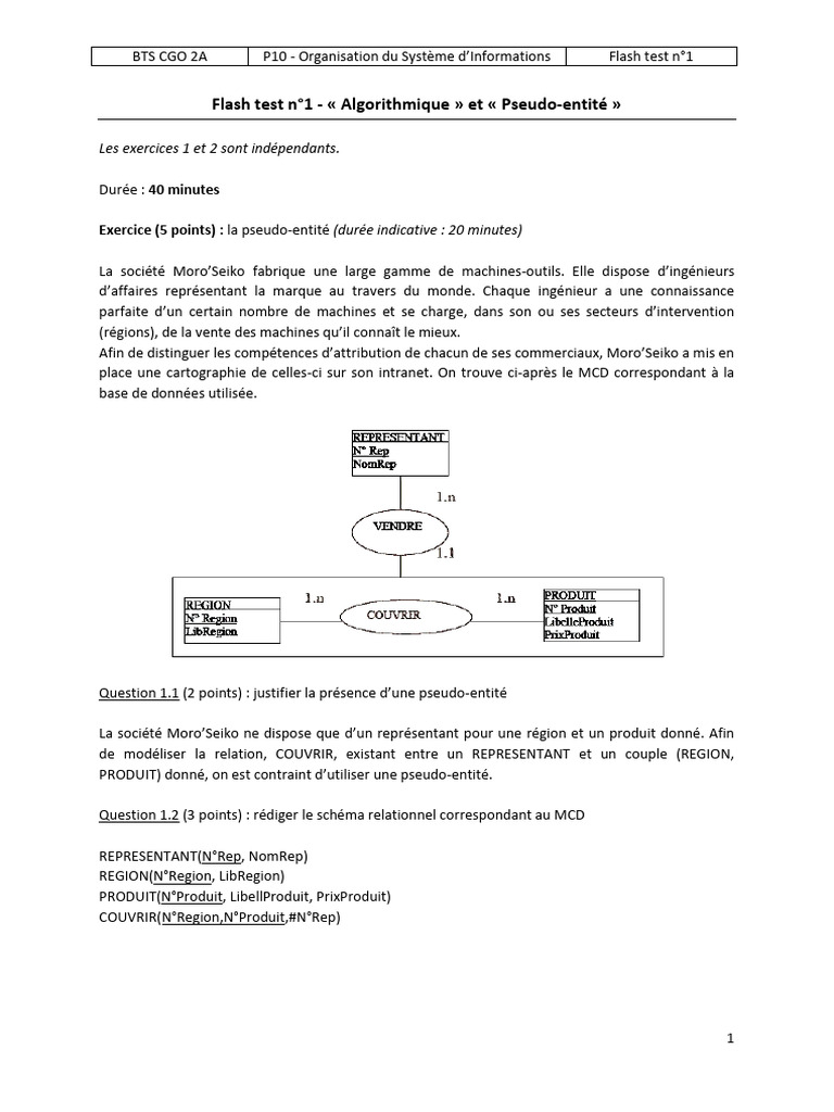 Test Algorithmique et Pseudo-entité BTS CGO | PDF