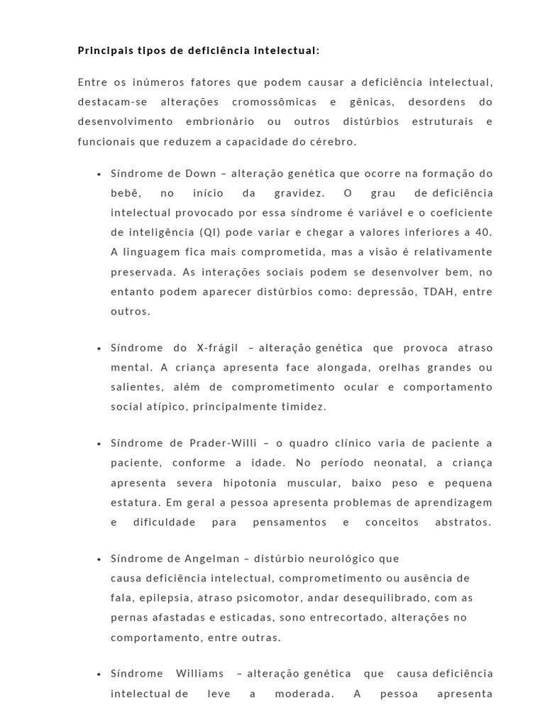 Tipos de Deficiências Intelectuais | PDF | Deficiência intelectual ...