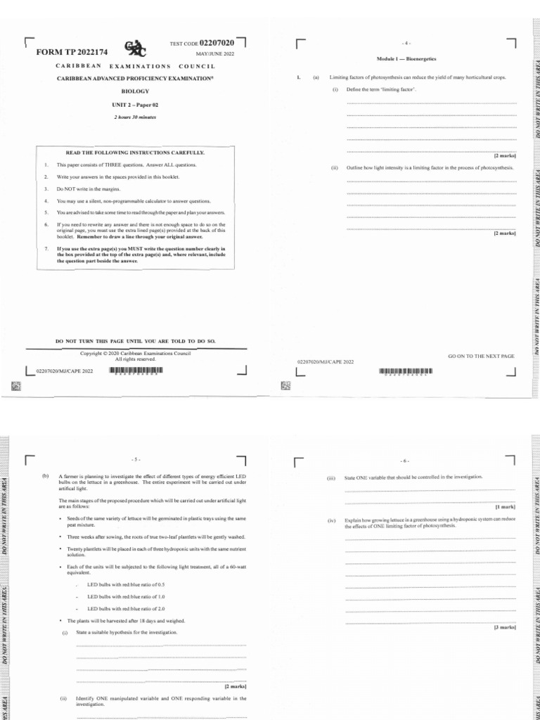 CAPE Biology Unit 2 Exam Paper 2022 | PDF