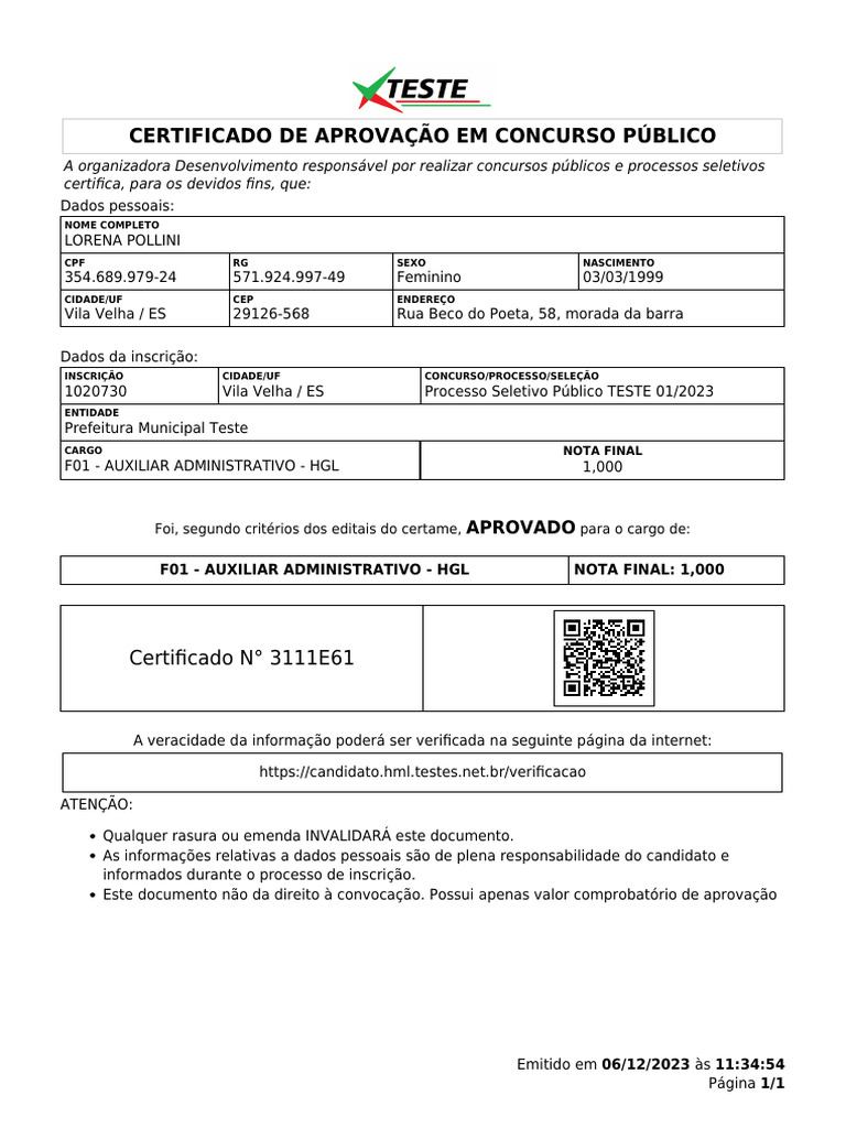 Certificado de Aprovação - Auxiliar Administrativo | PDF