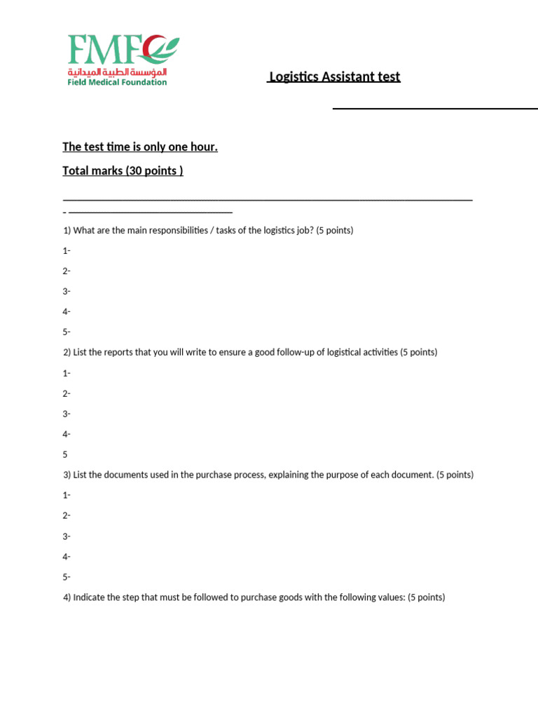 Logistics Assistant Test Overview | PDF