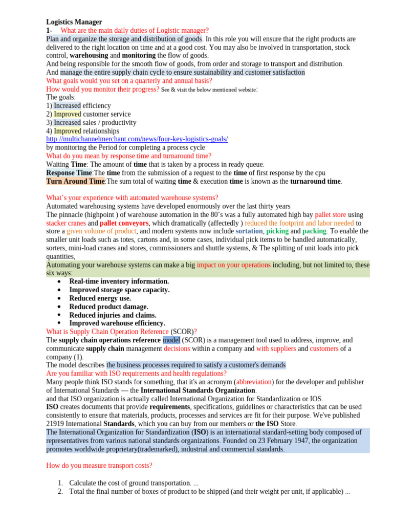 Logistics Manager Interview Insights | PDF | Cargo | Warehouse