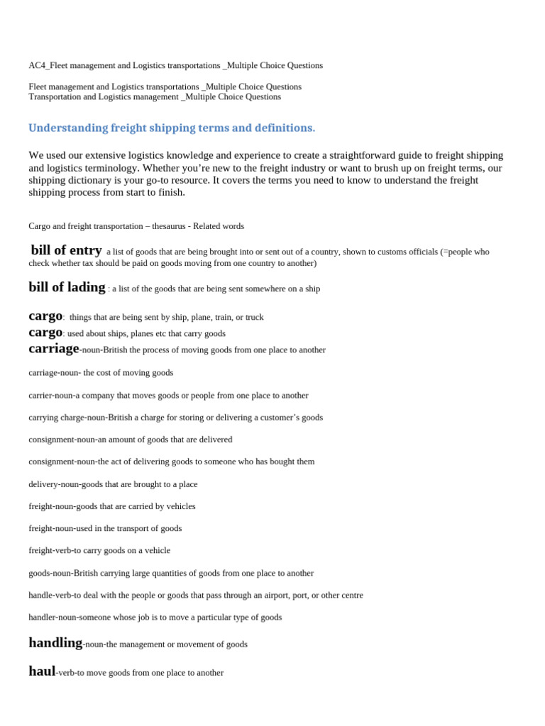 Freight Shipping Terms Quiz Guide | PDF | Cargo | Supply Chain Management