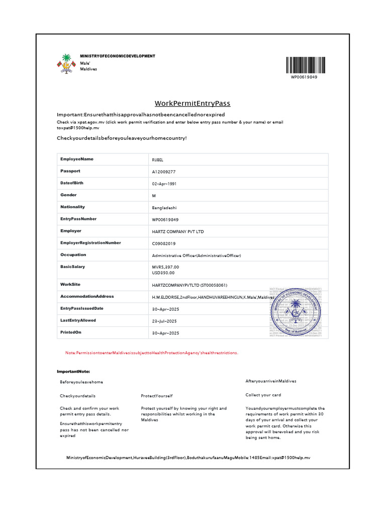 Maldives Work Visa Approval Details | PDF | National Security ...