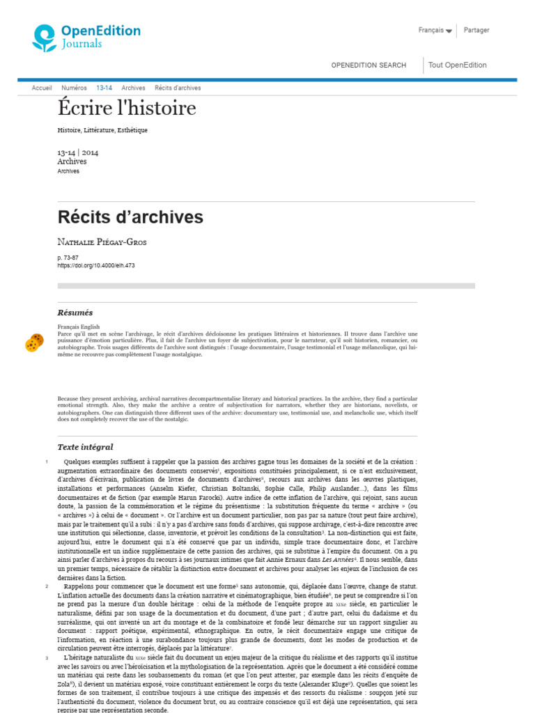 Récits d'archives : usages et émotions | PDF | Romans | Archives