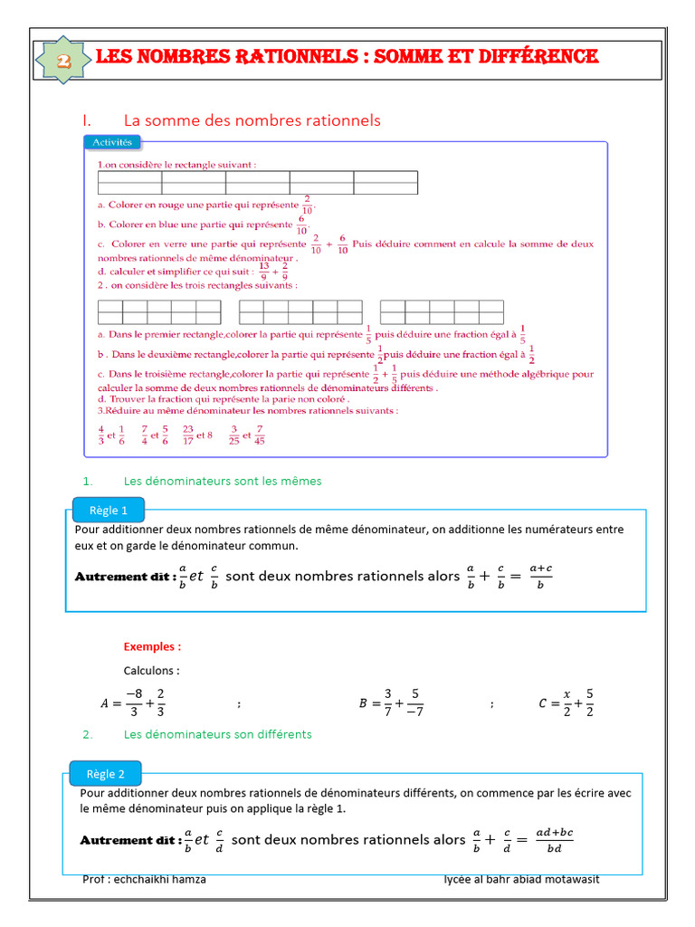 Addition et Soustraction des Nombres Rationnels | PDF | Mathématiques ...