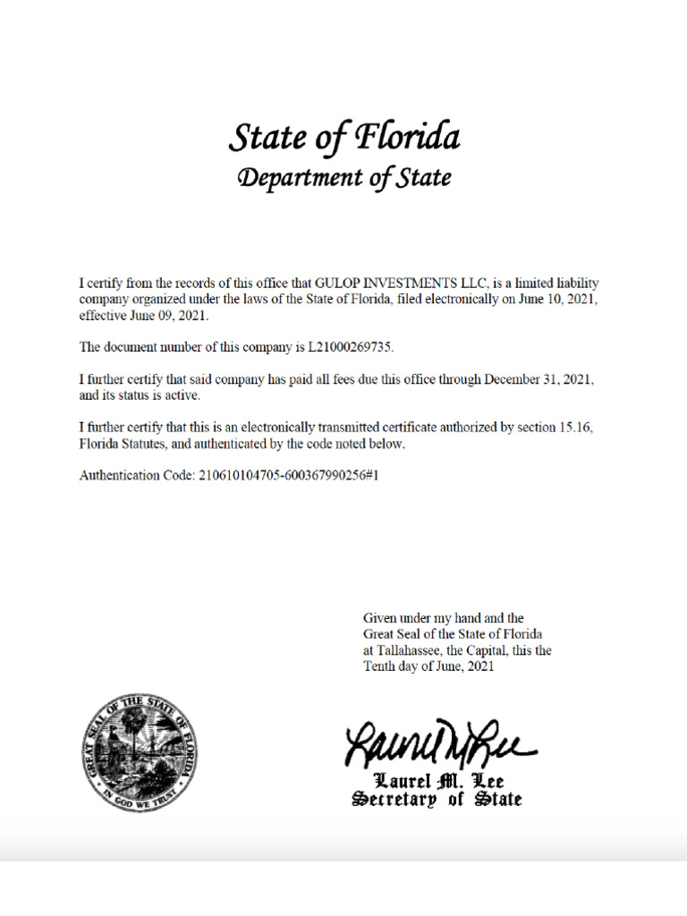 Certificado Constitución Gulop Investments LLC | PDF
