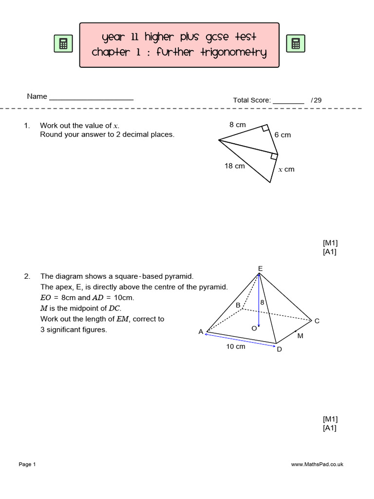 Year 11 Higher GCSE Trigonometry Test | PDF | Euclidean Geometry ...