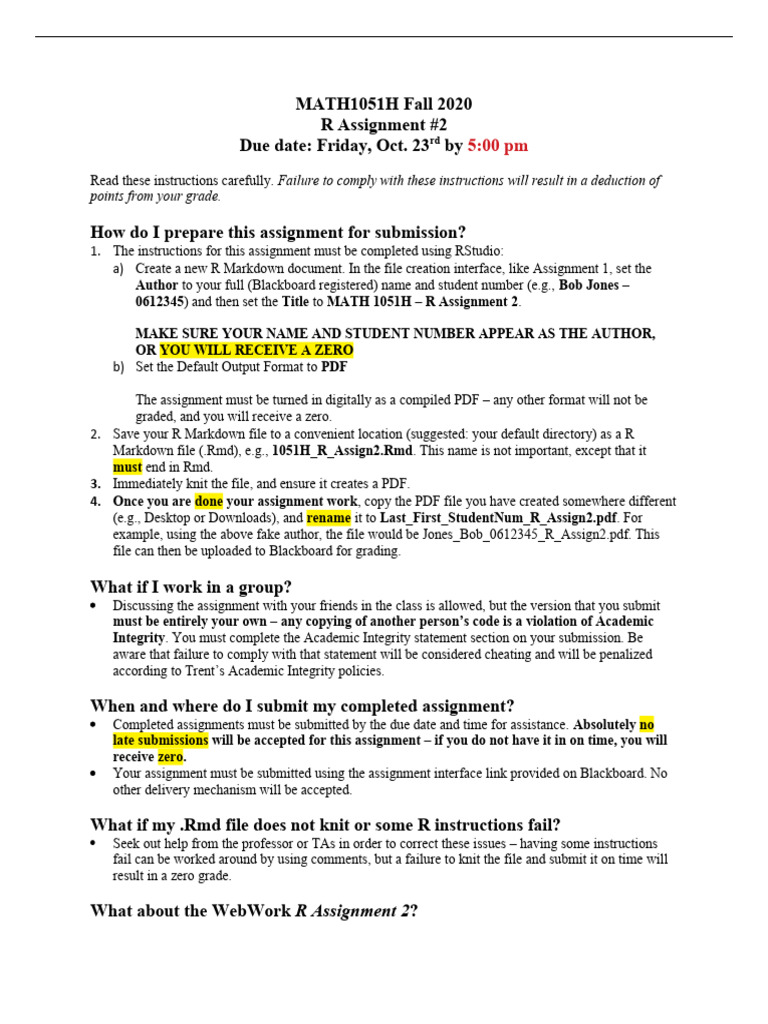 MATH 1051H R Assignment 2 Guide | PDF | Probability Distribution | Mean