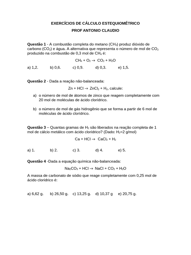 Exercícios de Cálculo Estequiométrico | PDF | Dióxido de carbono ...