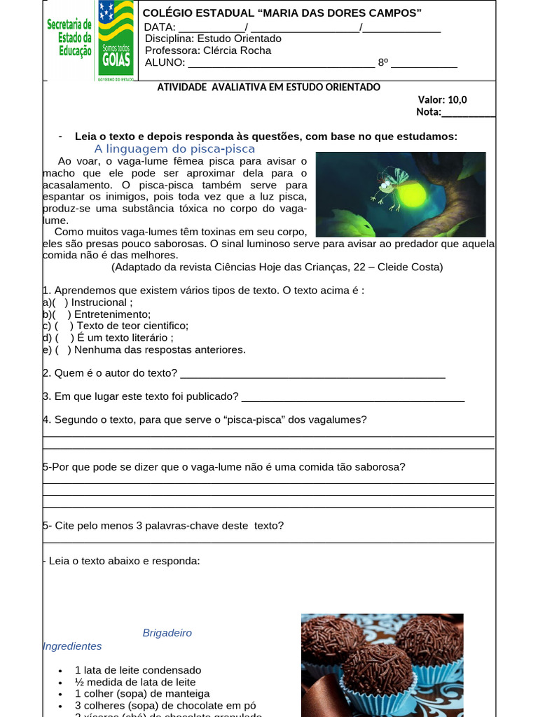 Atividade Avaliativa: Estudo Orientado 8º | PDF