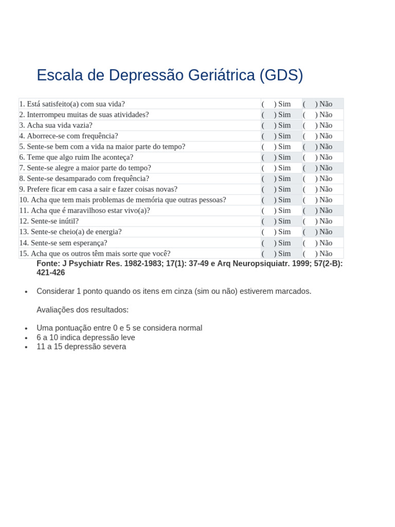 Escala de Depressão Geriátrica (GDS) | PDF