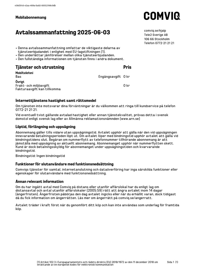 COMVIQ Avtalssammanfattning 250603 E36d3fc | PDF