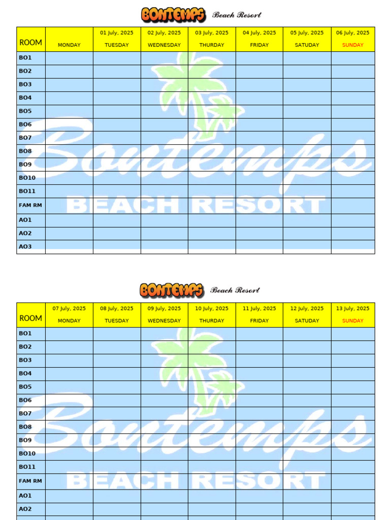 Room Schedule July-September 2025 | PDF