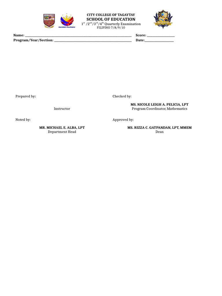 Quarterly Exam Format for Filipino 7-10 | PDF