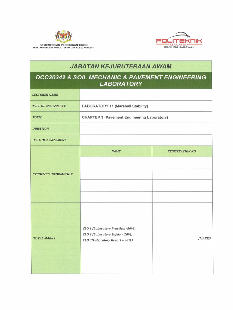 DCC20342 - Lab Sheet 11 - Marshall Stability | PDF