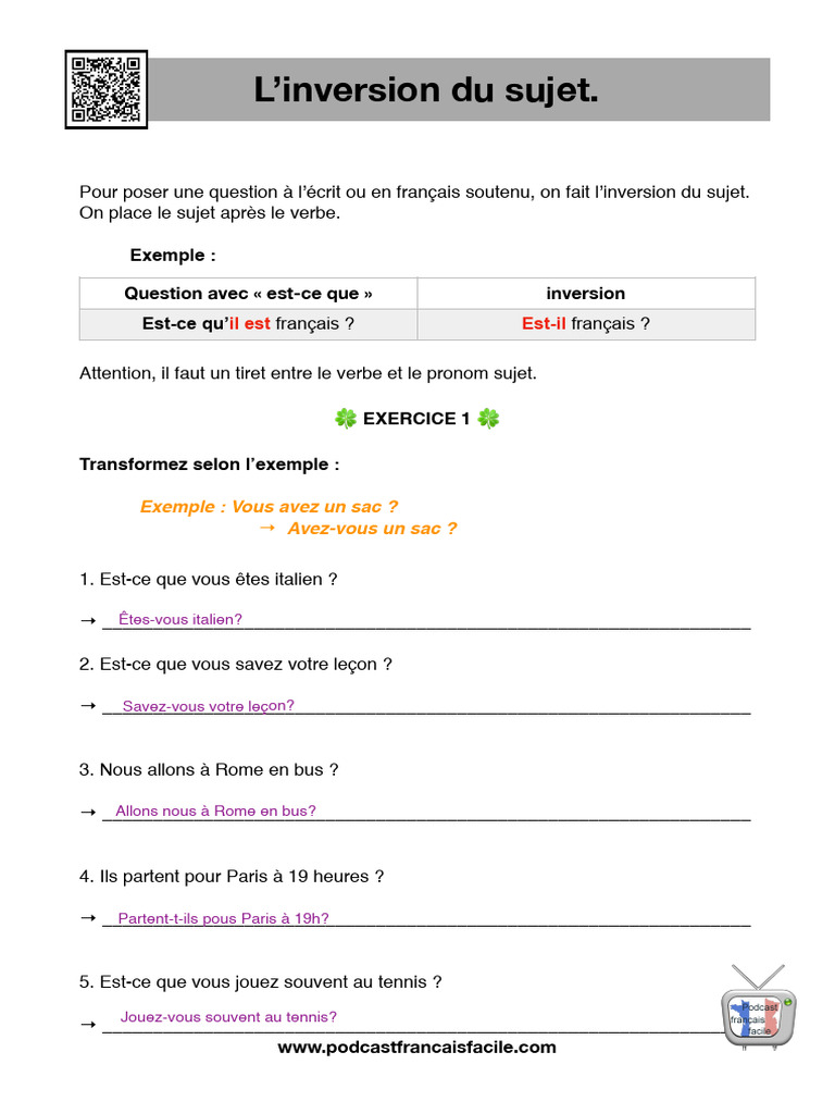 Exercices sur l'inversion du sujet | PDF | Linguistique