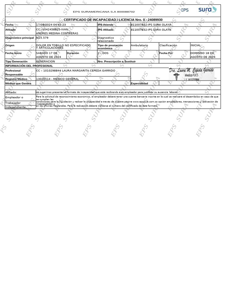 Certificado de Incapacidad EPS Sura | PDF