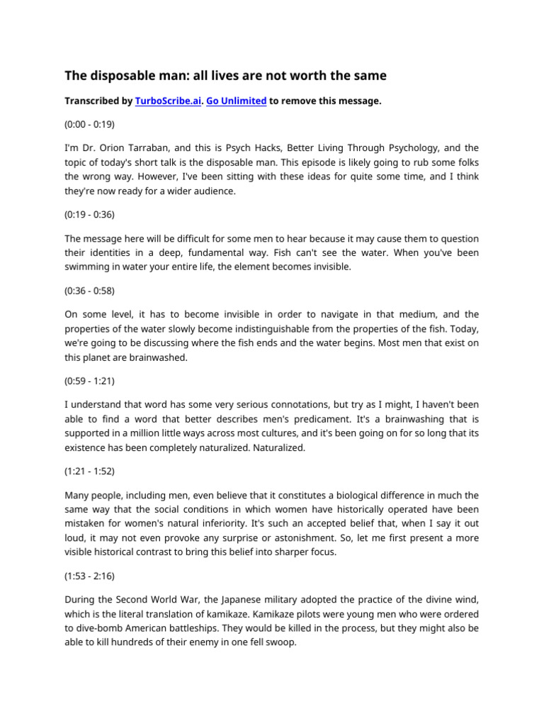 The Disposable Male: A Cultural Critique | PDF | Virtue