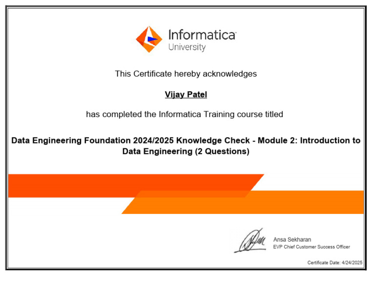 Informatica Data Engineering Course Certificate | PDF