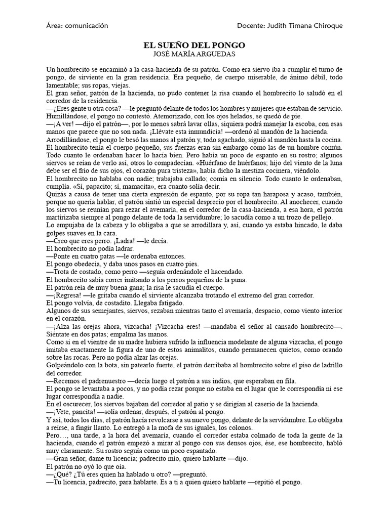 El sueño del pongo: relato de Arguedas | PDF