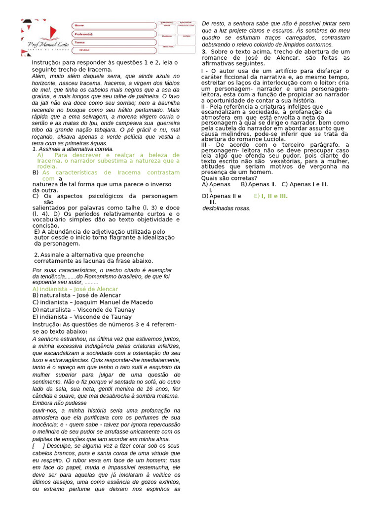 Questões sobre Romantismo no ENEM | PDF | Romantismo