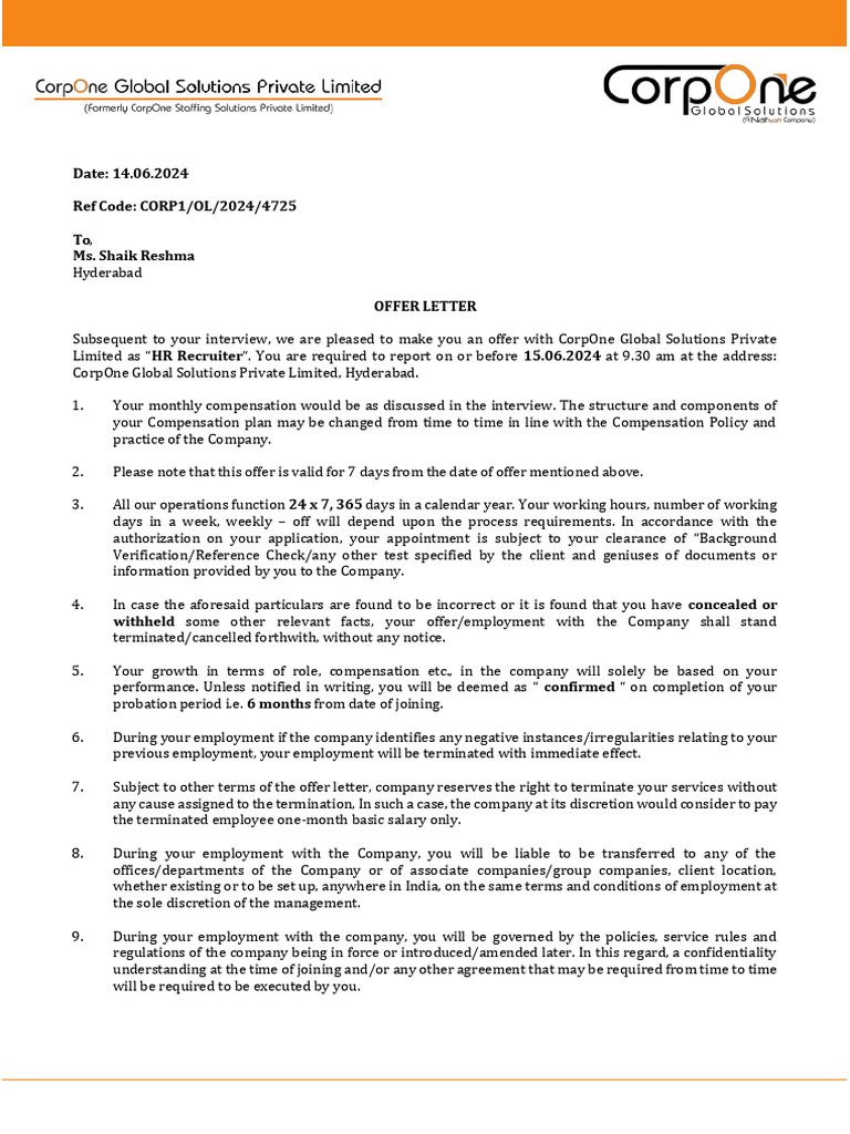 Offer Letter for HR Recruiter Position | PDF | Employment | Identity ...