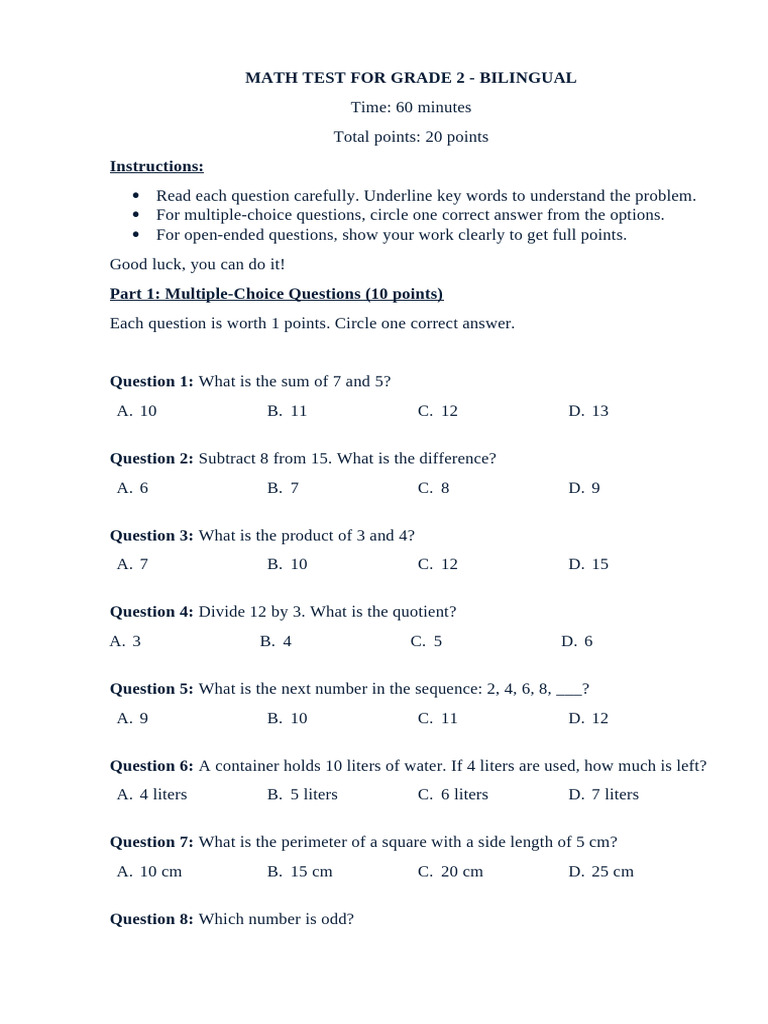 Bilingual Grade 2 Math Test | PDF | Multiple Choice