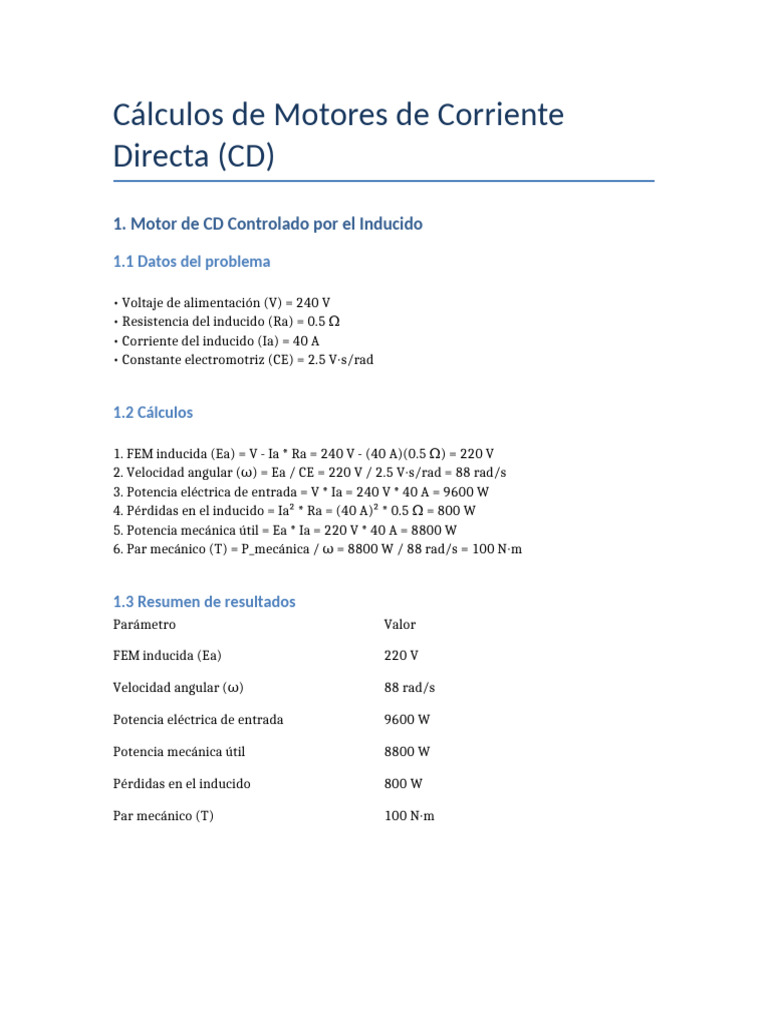Calculos Motores CD Inducido y Campo | PDF