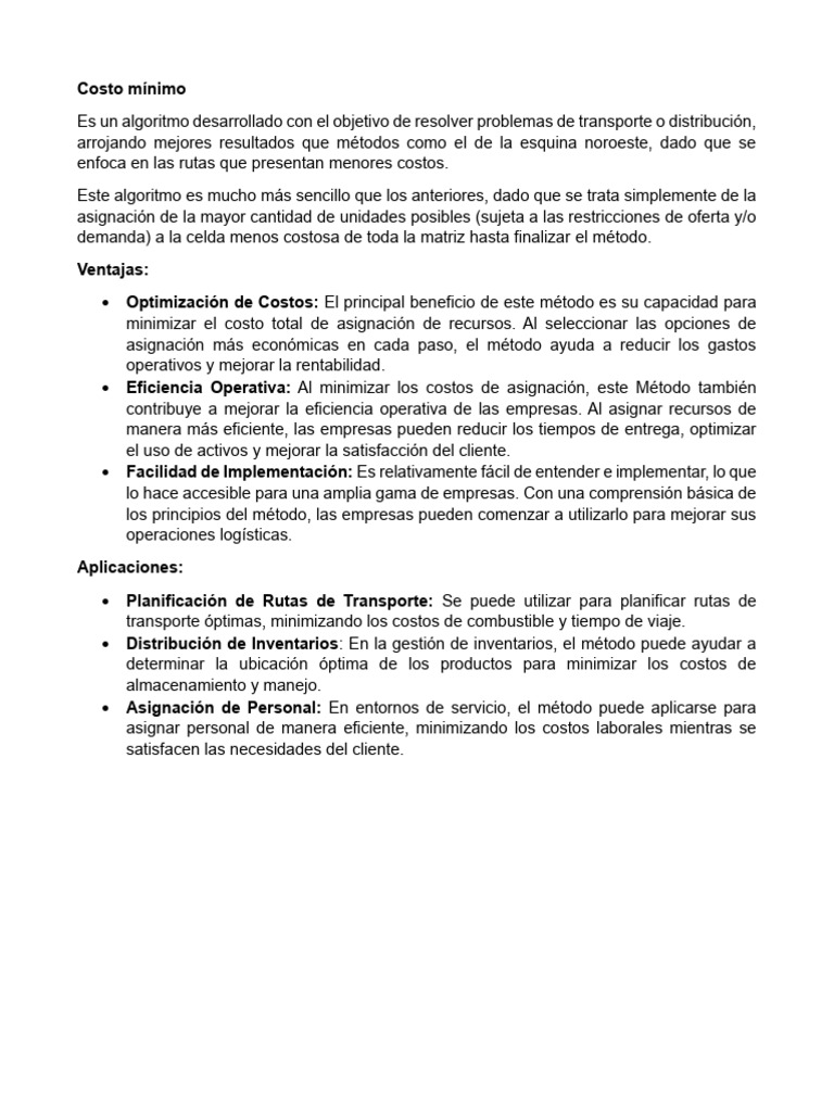 Algoritmo de Costo Mínimo en Transporte | PDF | Transporte | Economias