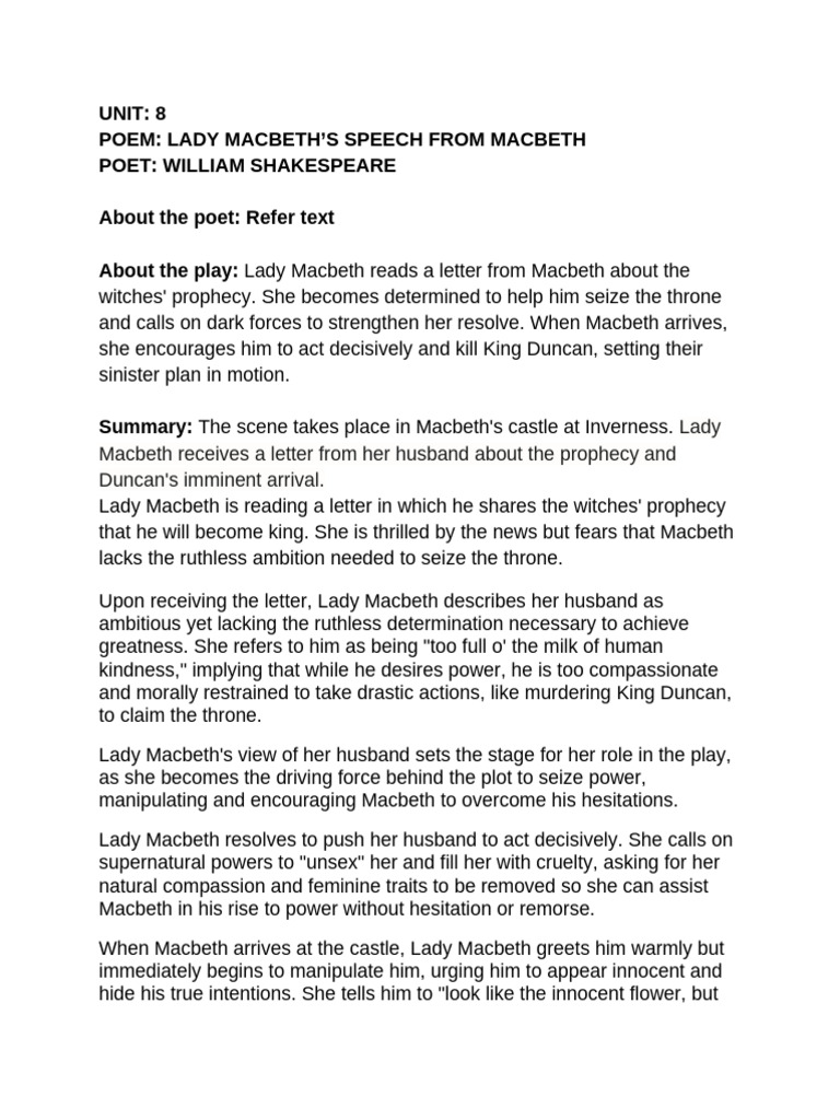 Sem2 Unit8 Summaries (Poem & Prose) PDF Macbeth