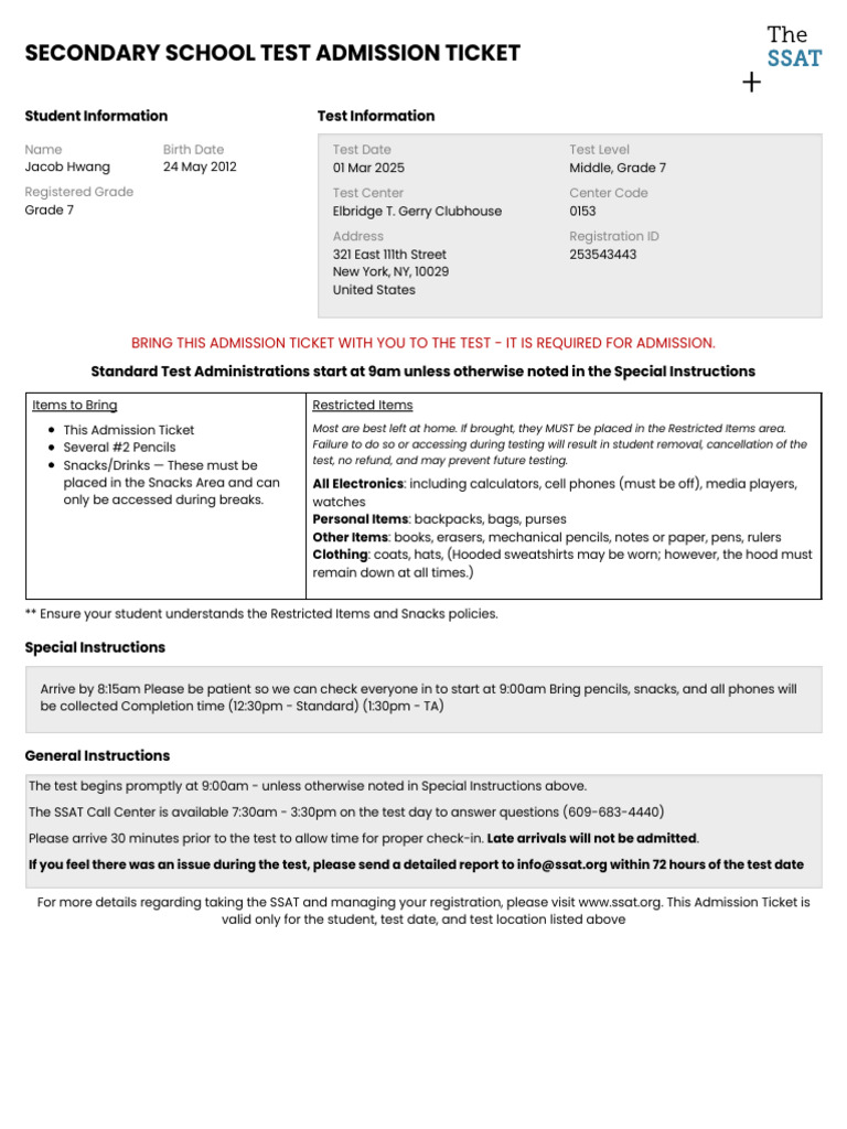 SSAT Admission Ticket 253543443 | PDF | Privacy