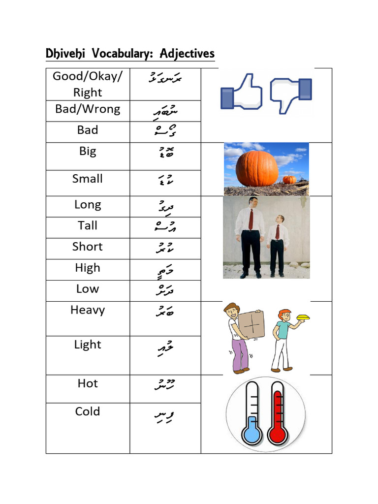 Dhivehi Adjectives Vocabulary Guide | PDF
