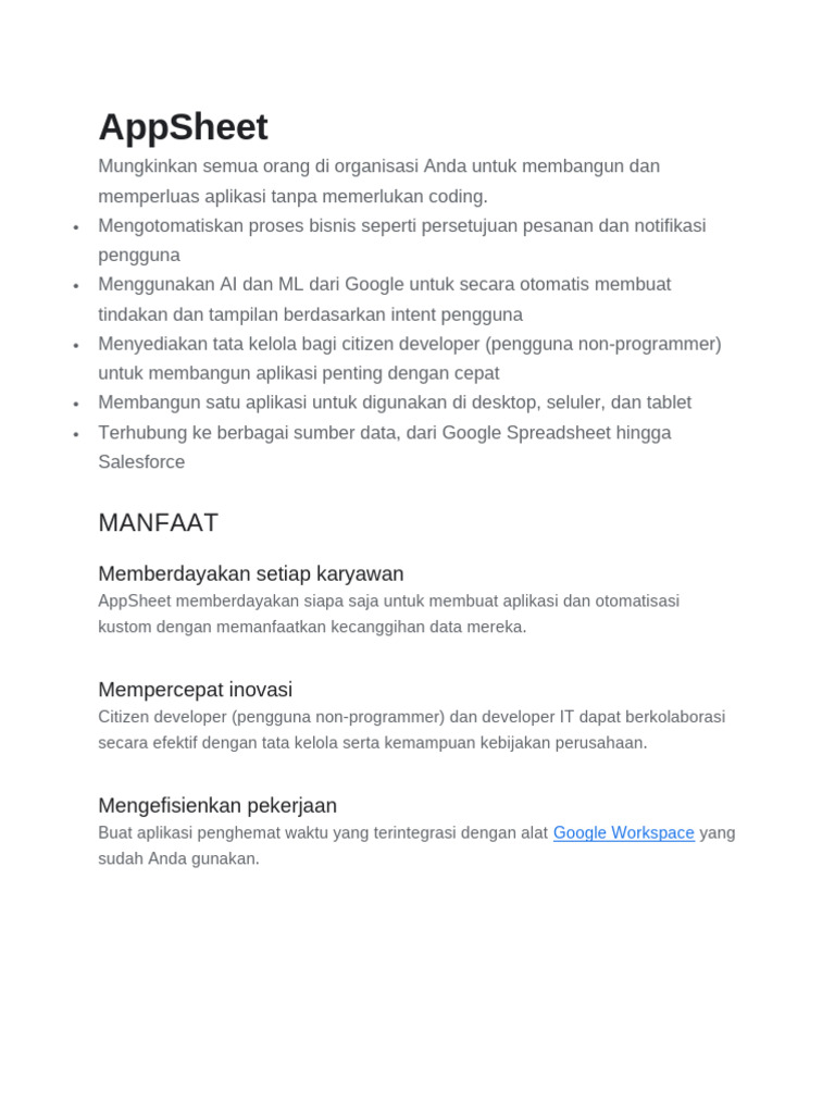 Manfaat dan Fitur AppSheet Tanpa Kode | PDF