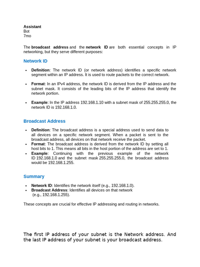 Understanding Network ID and Broadcast Address | PDF