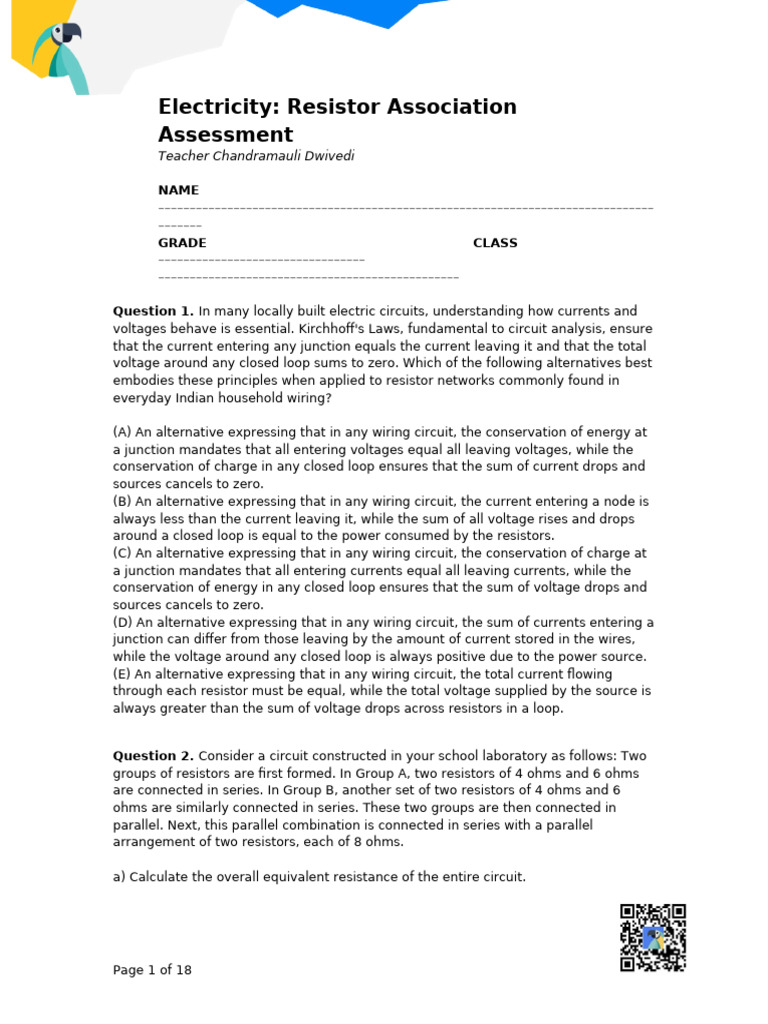 Electricity Resistor Association Assessment | PDF | Series And Parallel ...
