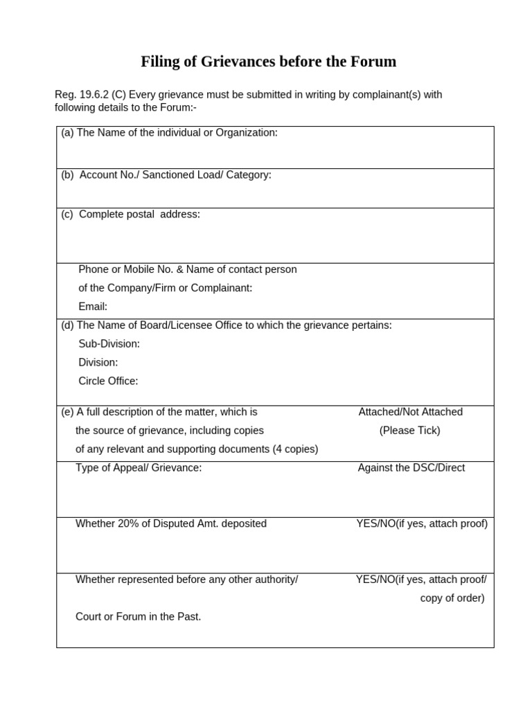 Format of Filing of Grievances in CGRF | PDF